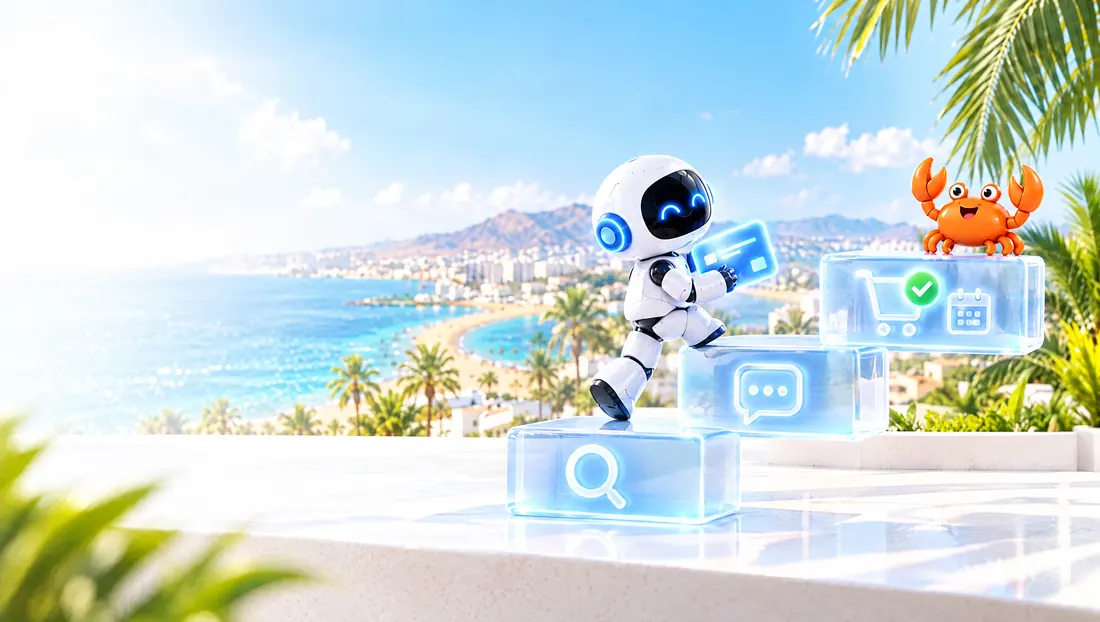 Robot asistente subiendo de la búsqueda a la conversación y a la compra, con el cangrejo de Mr Crab 7