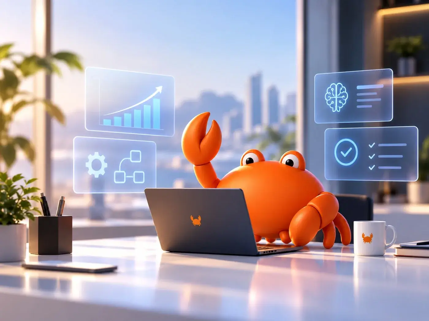 Mr Crab trabajando en un espacio luminoso con paneles de crecimiento, automatización e inteligencia artificial