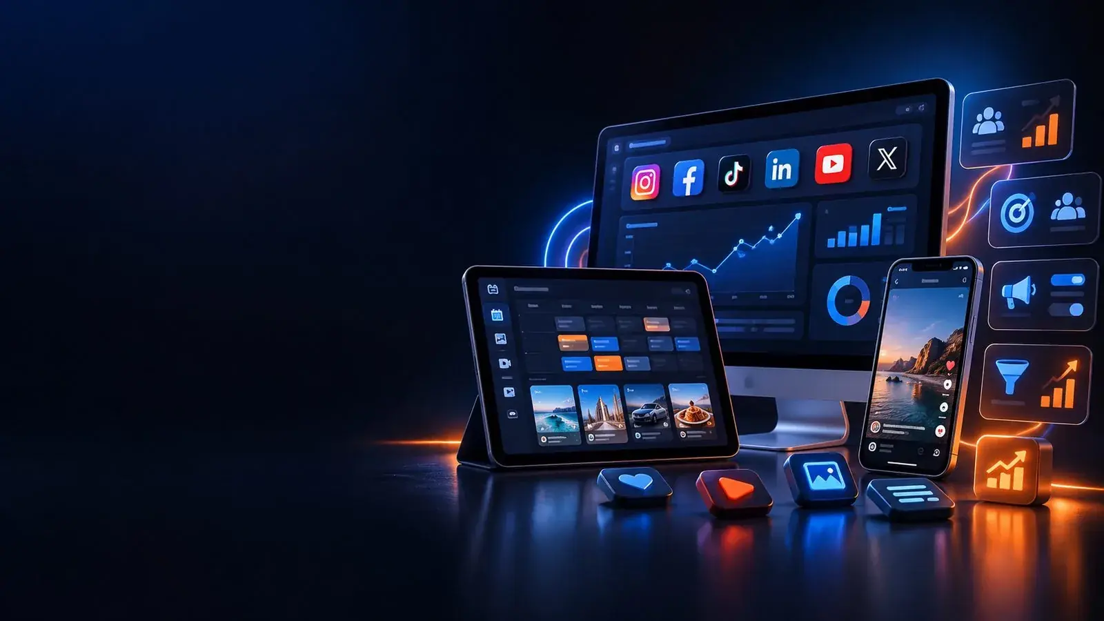 Gestión de redes sociales en Instagram, Facebook, TikTok, LinkedIn, YouTube y X con métricas